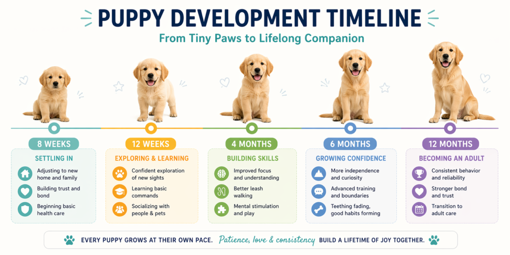 A colorful timeline showing puppy training milestones from 8 weeks to 1 year with illustrations of a puppy growing