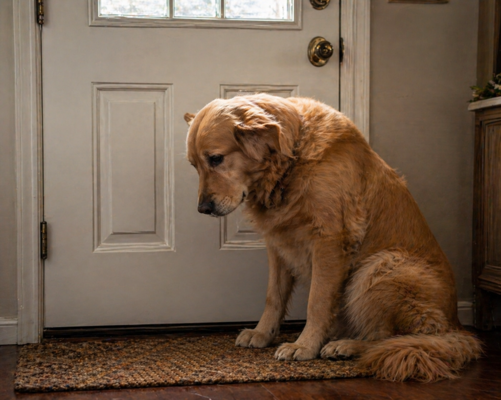 Anxious dog sitting by front door showing signs of separation anxiety