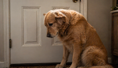 Anxious dog sitting by front door showing signs of separation anxiety