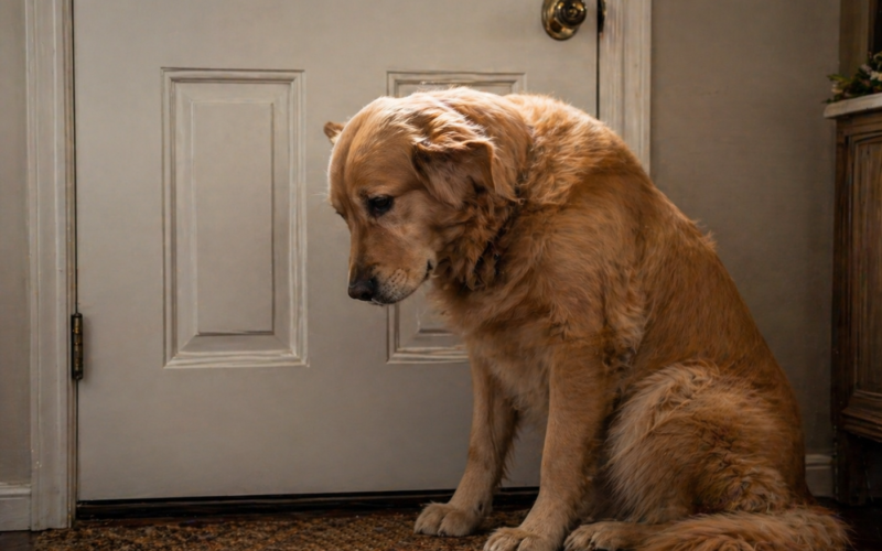 Anxious dog sitting by front door showing signs of separation anxiety