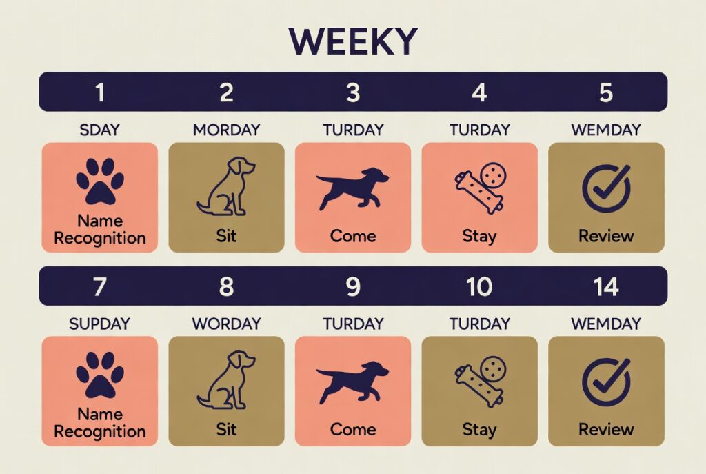 Colorful 14-day dog training schedule calendar for beginners printed on a wall