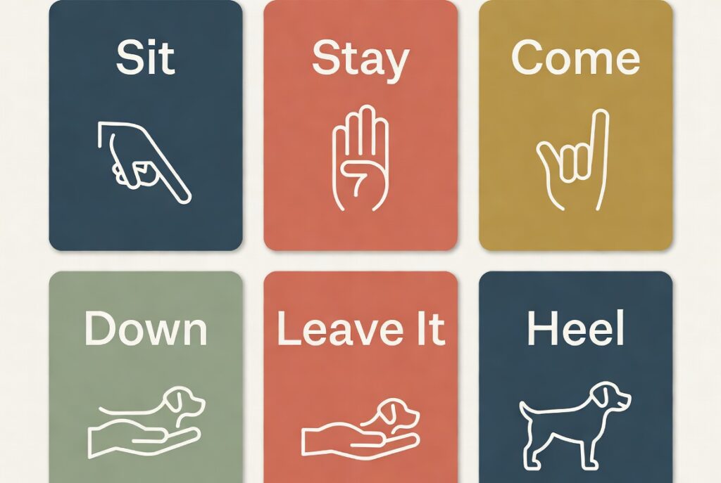 Colorful illustrated dog training commands chart showing sit, stay, come, and down with hand signals