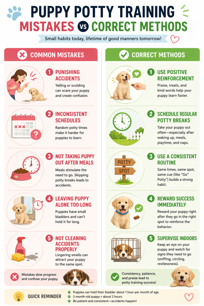 Common puppy potty training mistakes and correct methods Why it helps Visual comparison content performs strongly on Pinterest and in featured snippets.