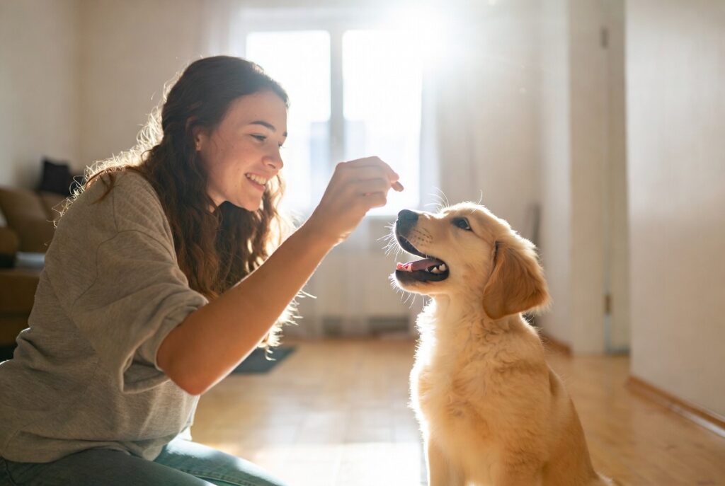 Dog owner training a puppy to sit at home using a treat reward