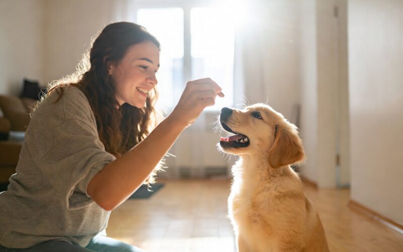 Dog owner training a puppy to sit at home using a treat reward