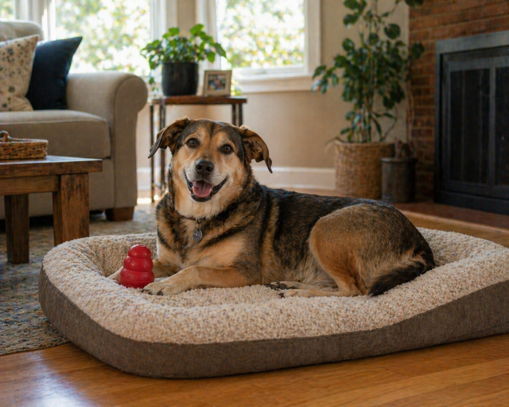 Dog recovered from separation anxiety relaxing calmly alone at home
