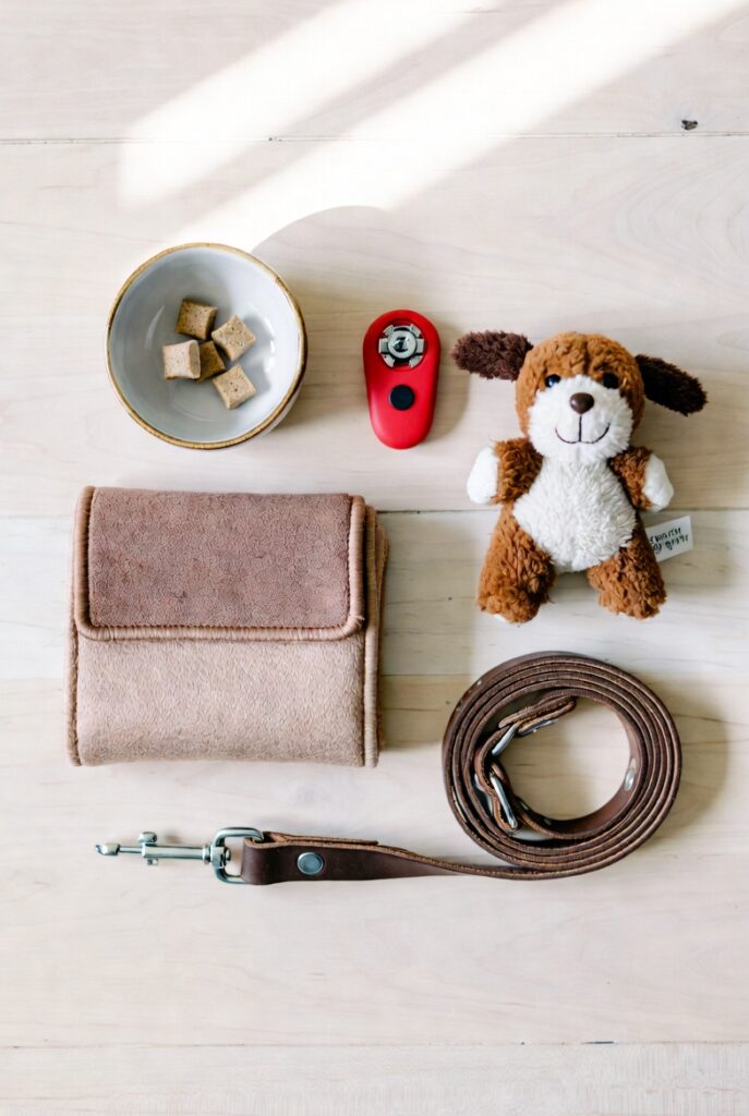Dog training supplies including treats, clicker, leash, and training mat laid out on a wooden surface