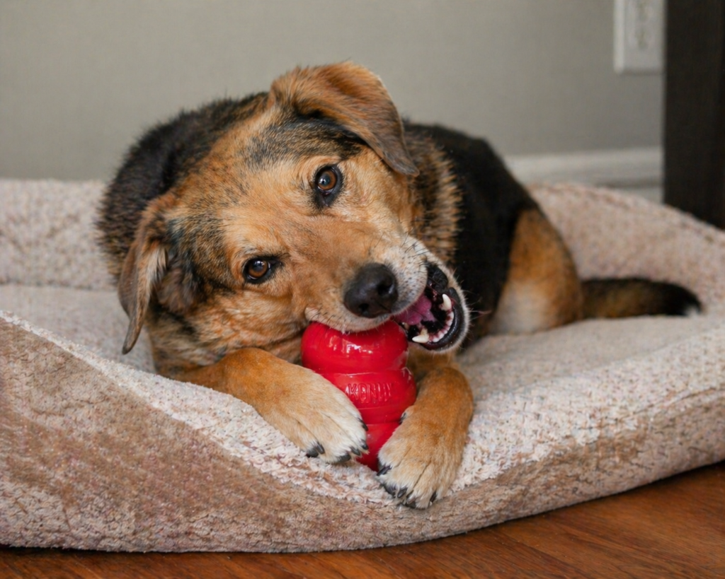 Dog with separation anxiety calming down using Kong toy enrichment activity