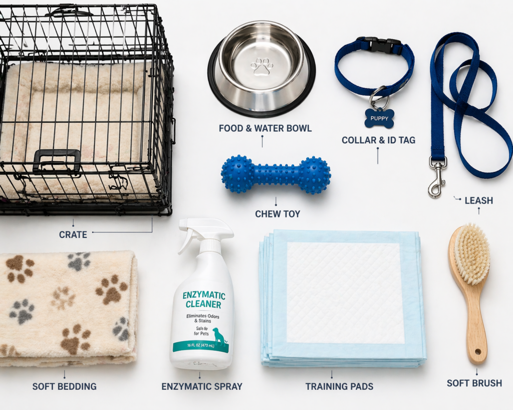Essential puppy supplies checklist flat lay - crate, food bowls, collar, leash, toys, and grooming tools