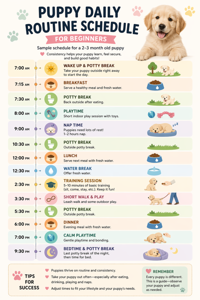 Example daily routine for a puppy including feeding and potty breaks Why it helps: Visual schedules are highly shareable and easy for readers to pin or save.