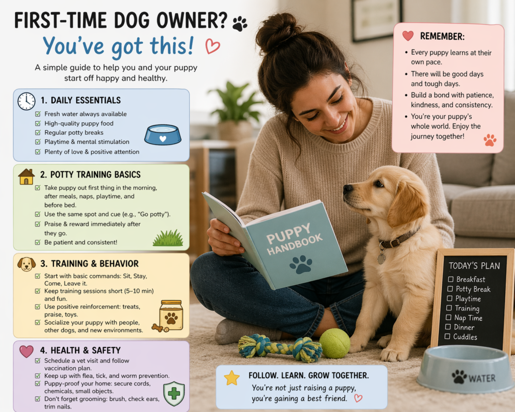 First-time dog owner learning how to take care of a puppy Why it helps Creates emotional connection and signals this guide is for real beginners.