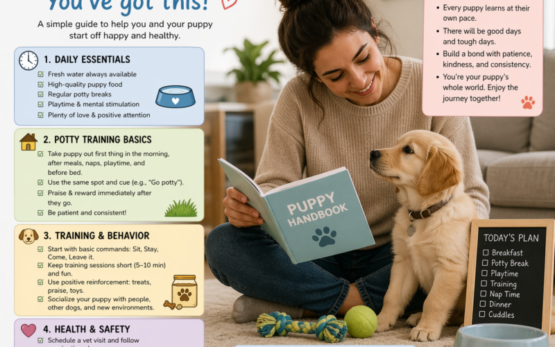 First-time dog owner learning how to take care of a puppy Why it helps Creates emotional connection and signals this guide is for real beginners.
