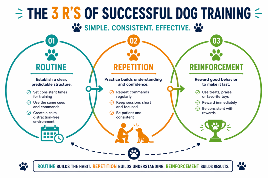 Infographic showing the three layers of effective puppy training Routine, Repetition, and Reinforcement with icons