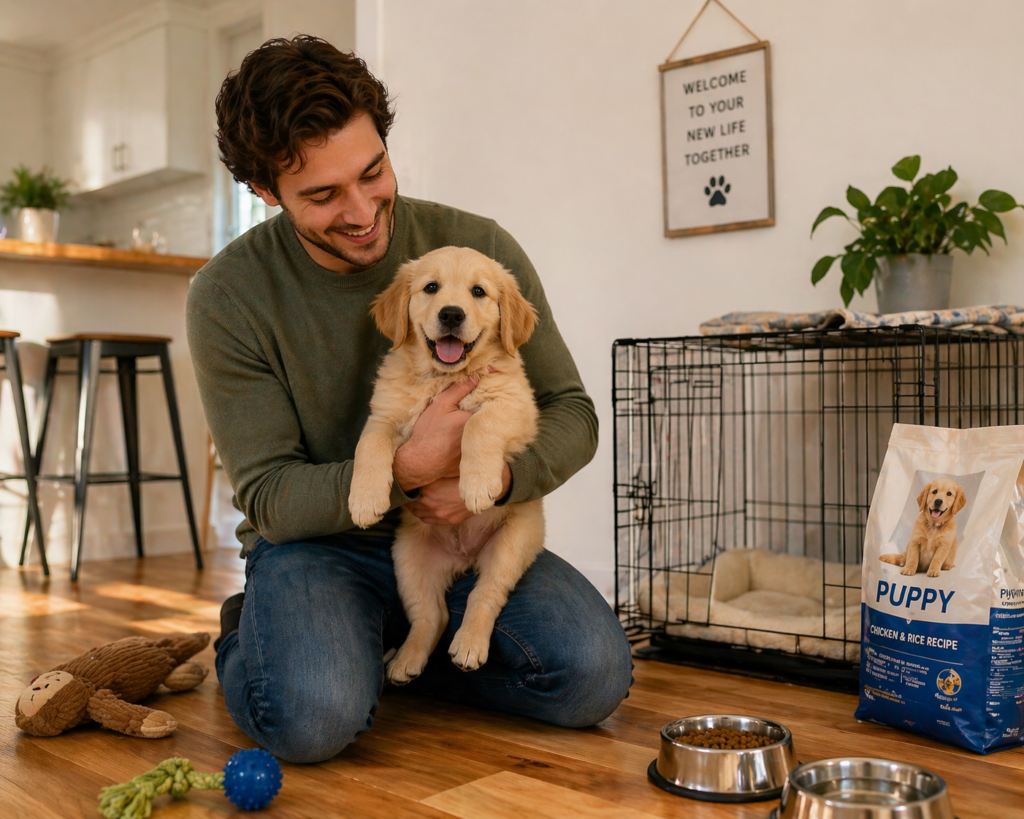 New puppy checklist - owner holding puppy at home surrounded by supplies