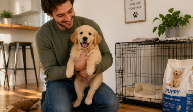 New puppy checklist - owner holding puppy at home surrounded by supplies