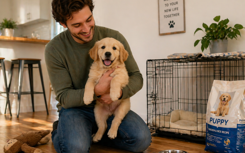 New puppy checklist - owner holding puppy at home surrounded by supplies