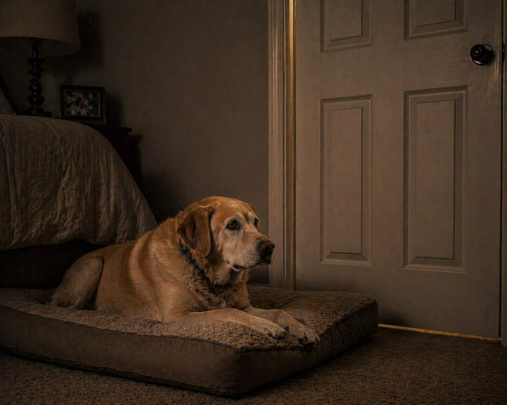 Older dog showing separation anxiety at night near bedroom door