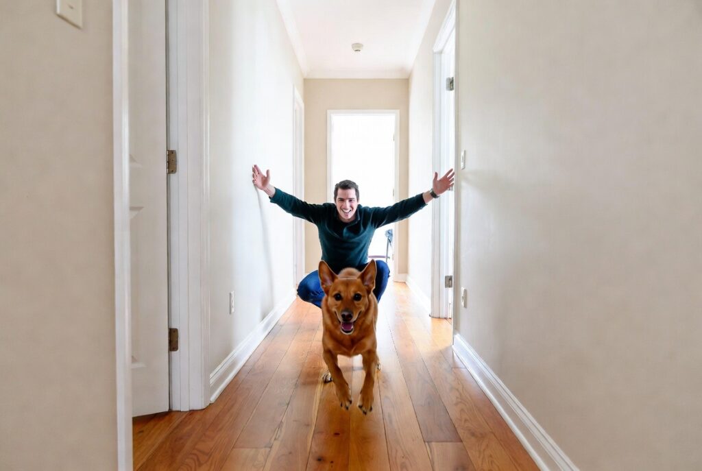 Owner calling their dog to come during indoor recall training exercise in a hallway