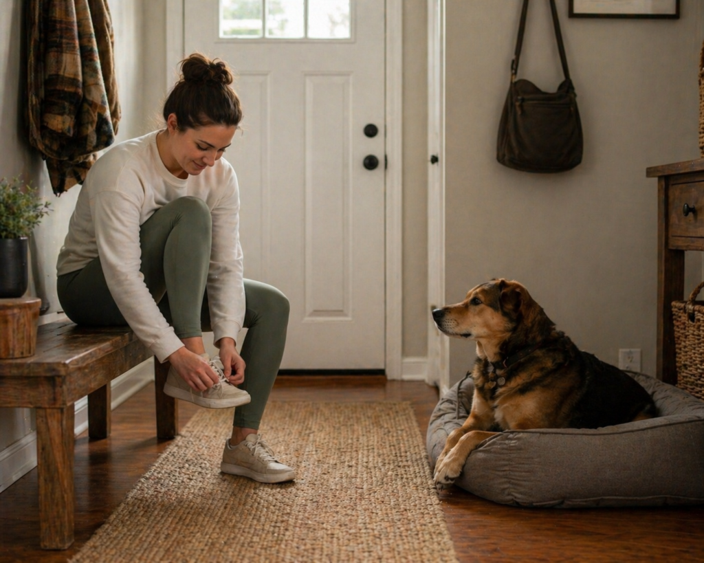 Owner practicing separation anxiety desensitization training with dog at home