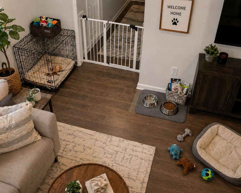 Preparing home for a new puppy - crate setup, baby gates, and puppy-safe zone