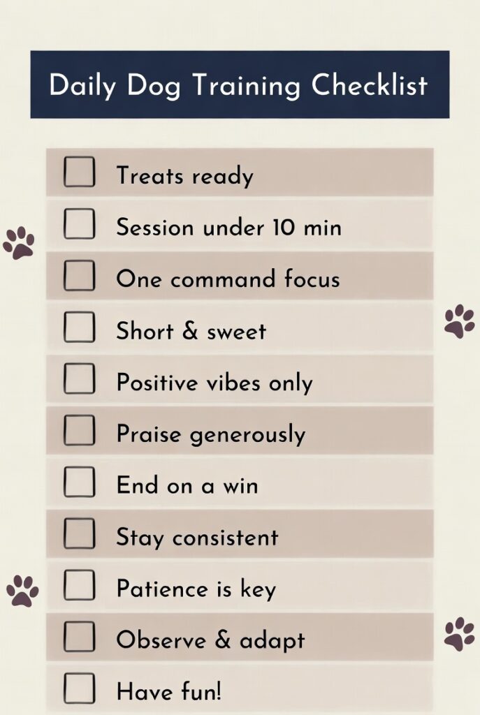 Printable dog training checklist for beginners with daily training session checkboxes