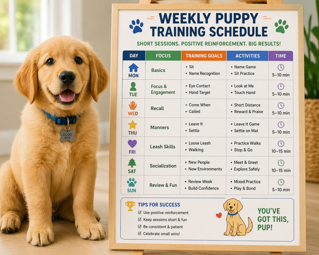 Puppy sitting next to a training schedule board showing age-based milestones from 8 weeks to 1 year
