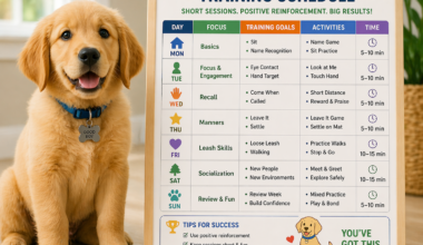 Puppy sitting next to a training schedule board showing age-based milestones from 8 weeks to 1 year