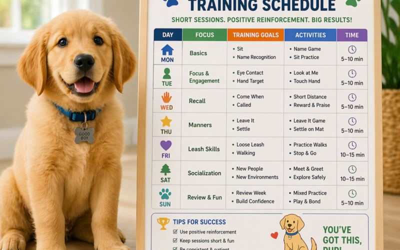 Puppy sitting next to a training schedule board showing age-based milestones from 8 weeks to 1 year