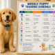 Puppy sitting next to a training schedule board showing age-based milestones from 8 weeks to 1 year