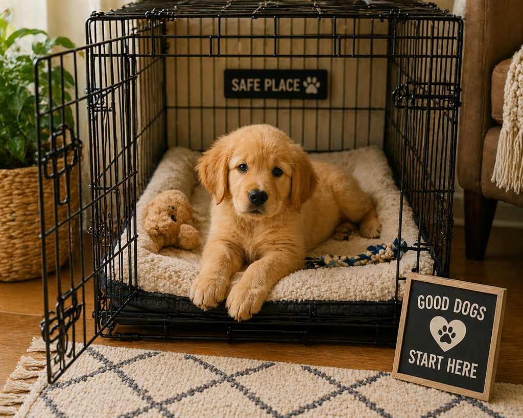 Puppy sleeping peacefully inside an open wire crate with a soft bed, warm lighting, calm home environment
