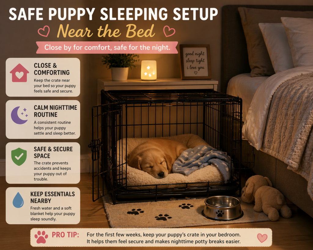Puppy sleeping safely in a crate near the bed