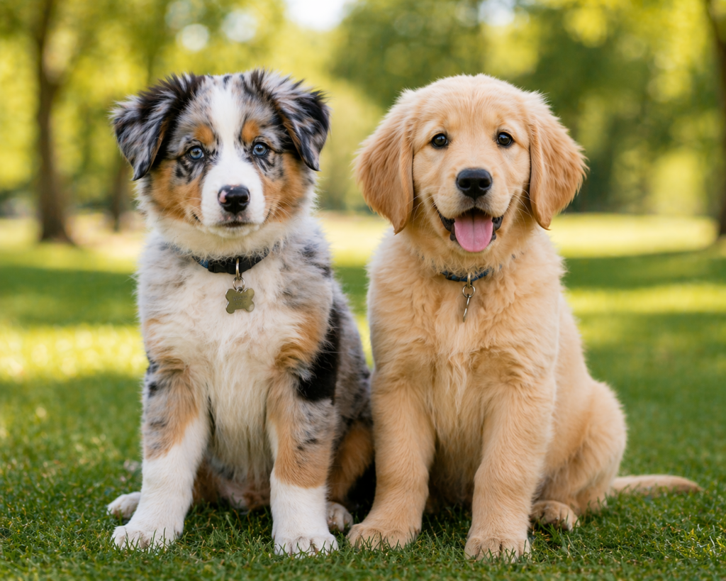 Side by side comparison of an Australian Shepherd puppy and a Golden Retriever puppy to illustrate different training needs