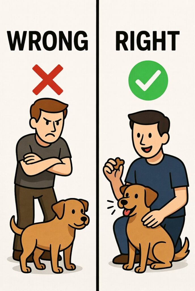 Side-by-side comparison showing wrong dog training method versus correct positive reinforcement method