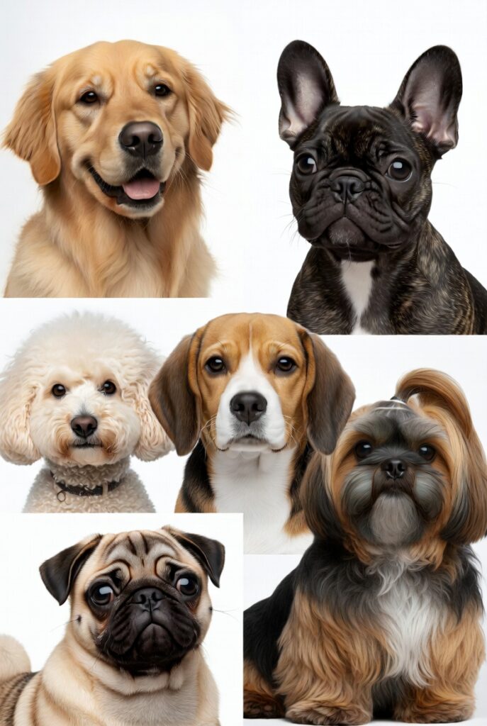 best dog breeds for families collage showing friendly popular breeds