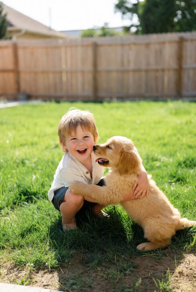 best family dogs playing with child outdoors in sunny backyard