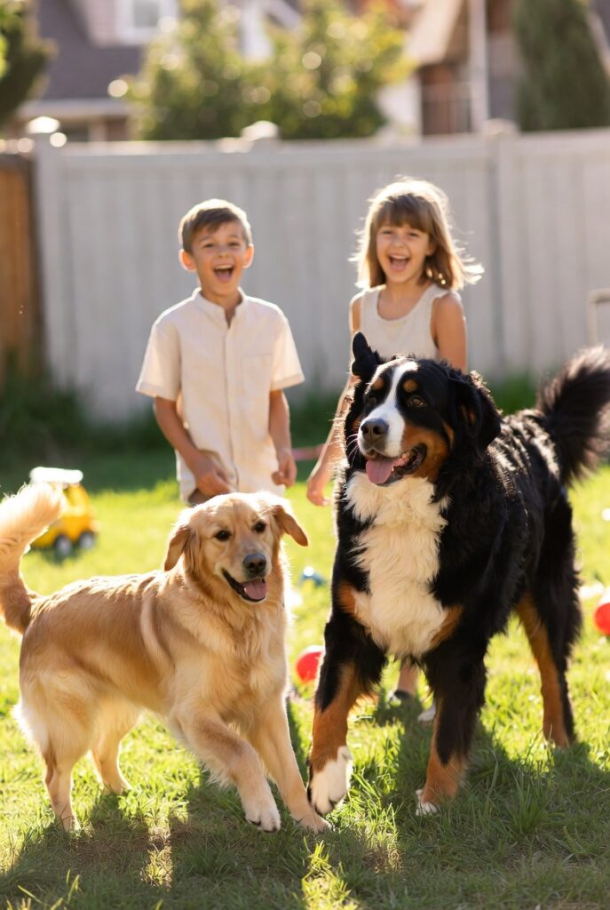best family dogs — golden retriever and bernese mountain dog playing with kids in a sunny backyard