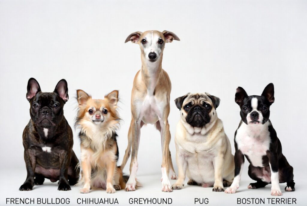 best low maintenance dog breeds for busy people - French Bulldog Chihuahua Greyhound Pug Boston Terrier comparison