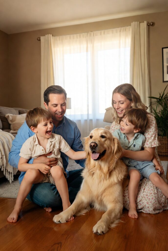 best low maintenance dogs for families with kids - Golden Retriever family indoors