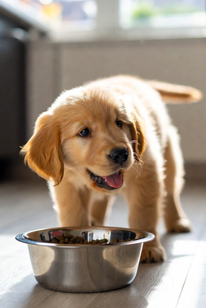 best puppy feeding schedule — golden retriever puppy eating from bowl