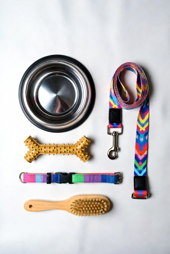 essential puppy care supplies for beginners laid out on a white surface