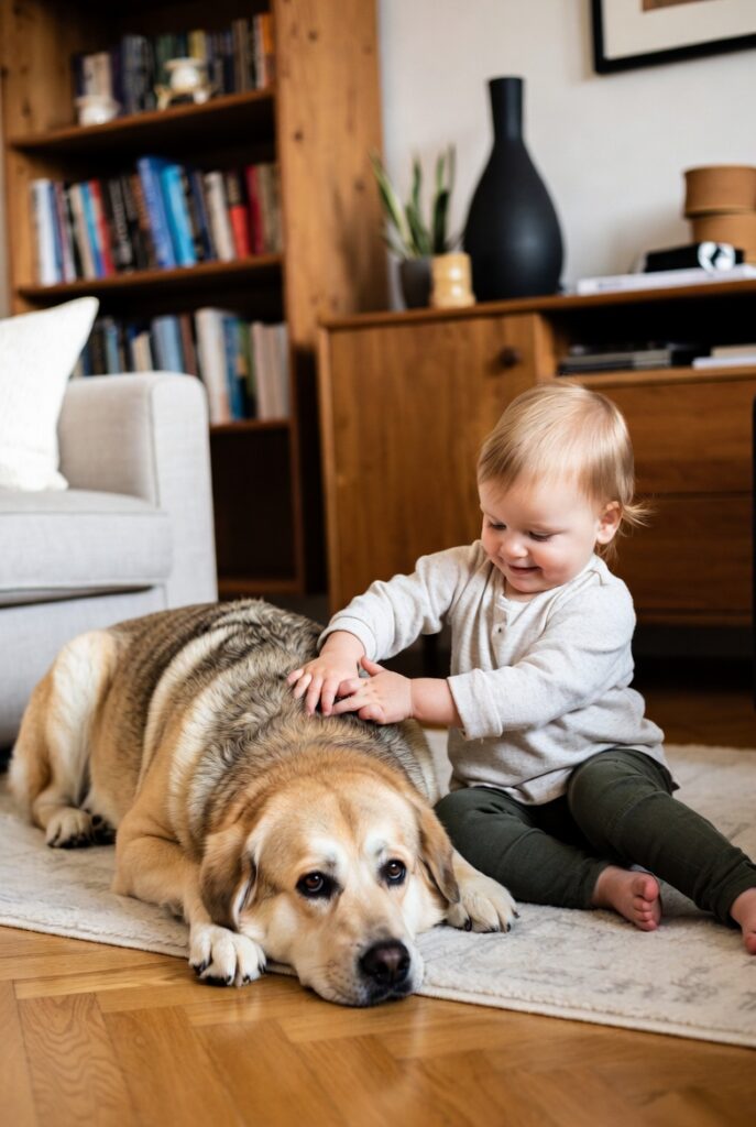 good family dog gently resting beside a toddler on a living room floor, showing calm and gentle temperament