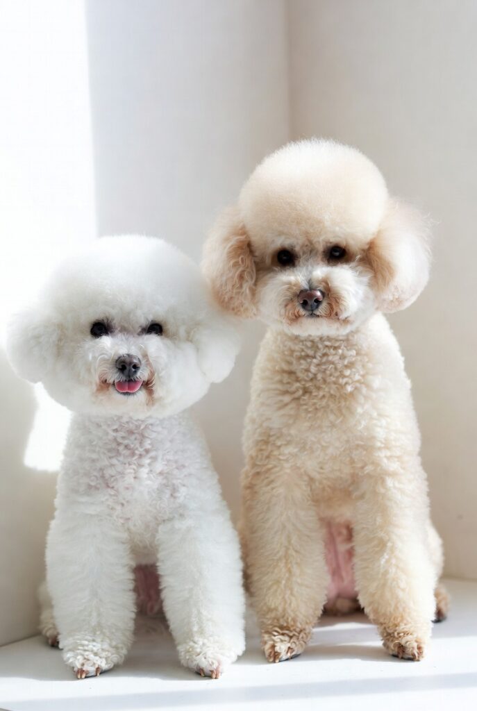 hypoallergenic low maintenance dog breeds - Bichon Frise and Miniature Poodle together