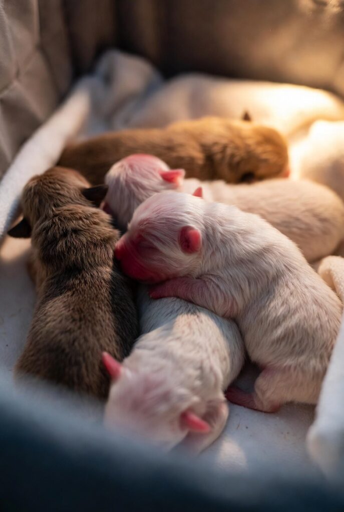 newborn puppies sleeping together in a warm whelping box — puppy care for beginners