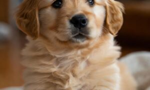 puppy care for beginners — golden retriever puppy on a cozy blanket at home