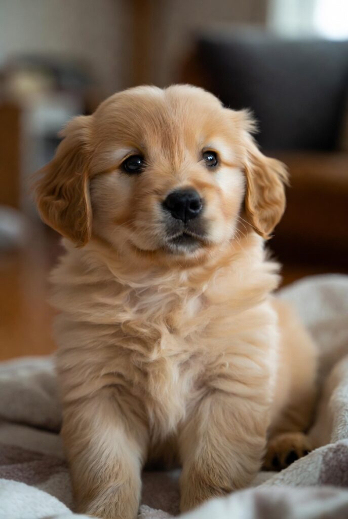 puppy care for beginners — golden retriever puppy on a cozy blanket at home