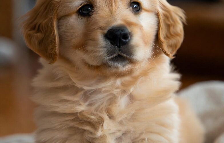puppy care for beginners — golden retriever puppy on a cozy blanket at home