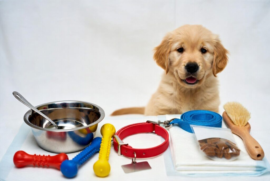 puppy essentials checklist items laid out for a new dog owner