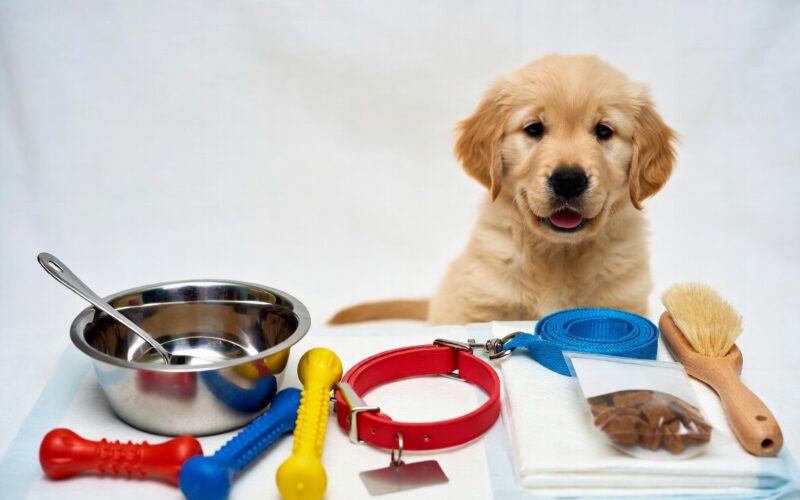 puppy essentials checklist items laid out for a new dog owner
