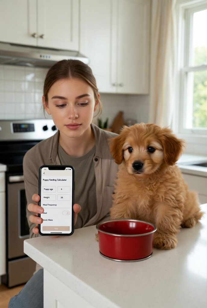 puppy feeding calculator — owner calculating puppy meal portions on phone