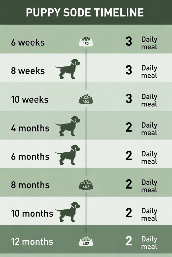 puppy feeding schedule by age — meal frequency timeline infographic